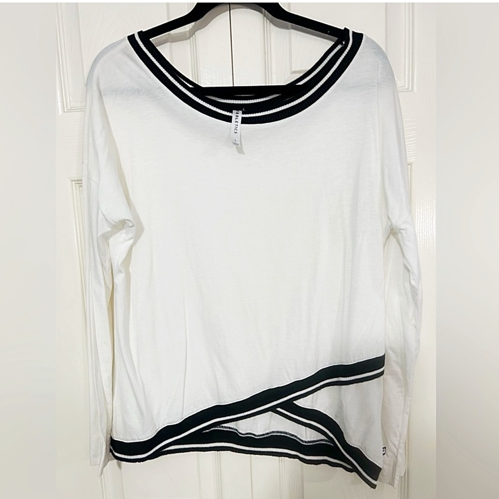 Fabletics, White and Black Long Sleeve Top With Hi-Low Bordered Hemline